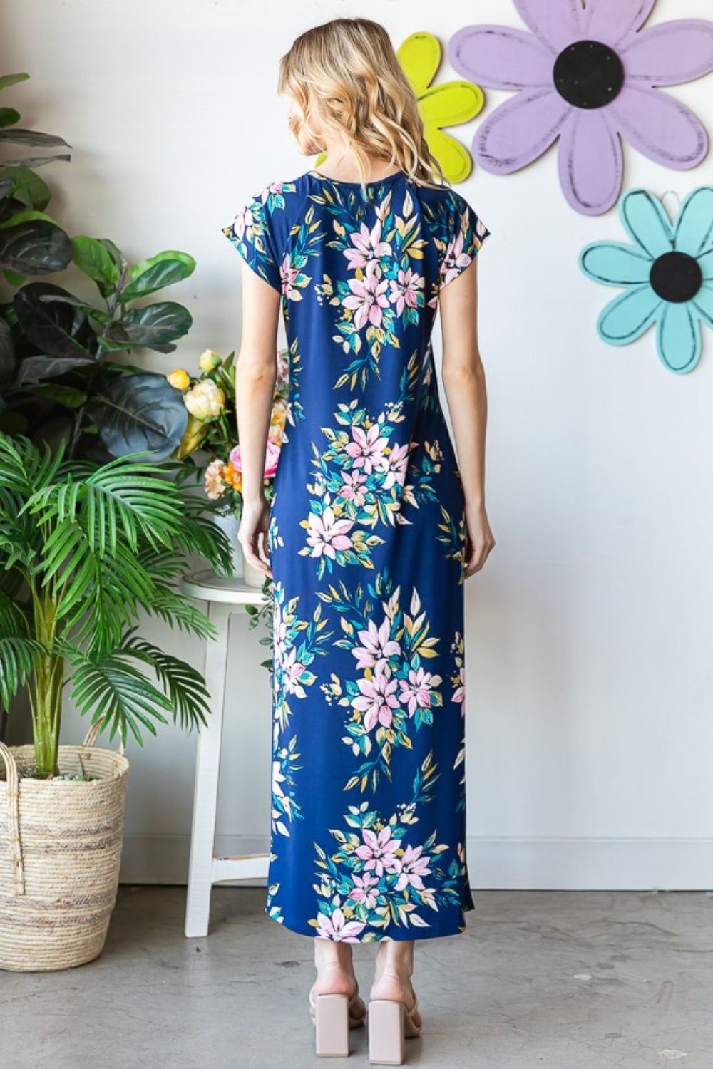 Floral Short Sleeve Slit Dress - Navy