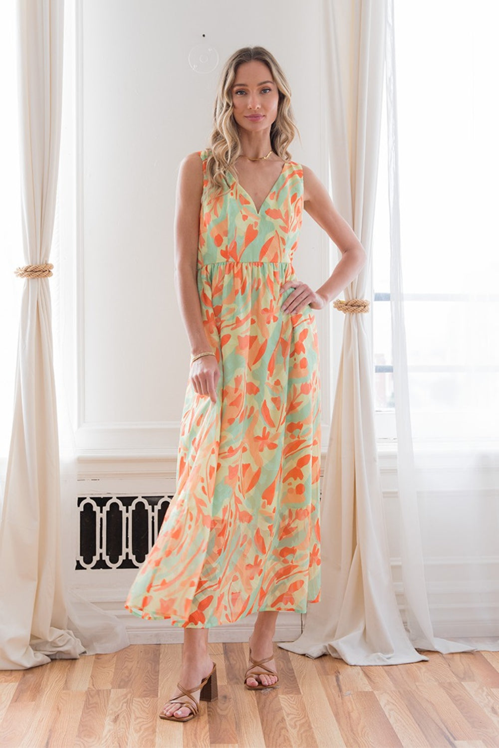 Printed Sleeveless Dress - Lime / Orange