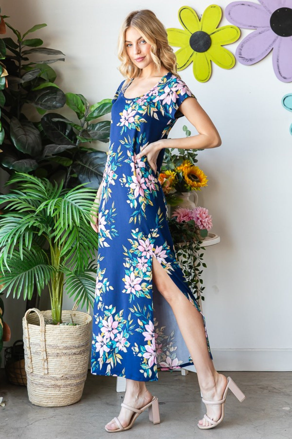 Floral Short Sleeve Slit Dress - Navy
