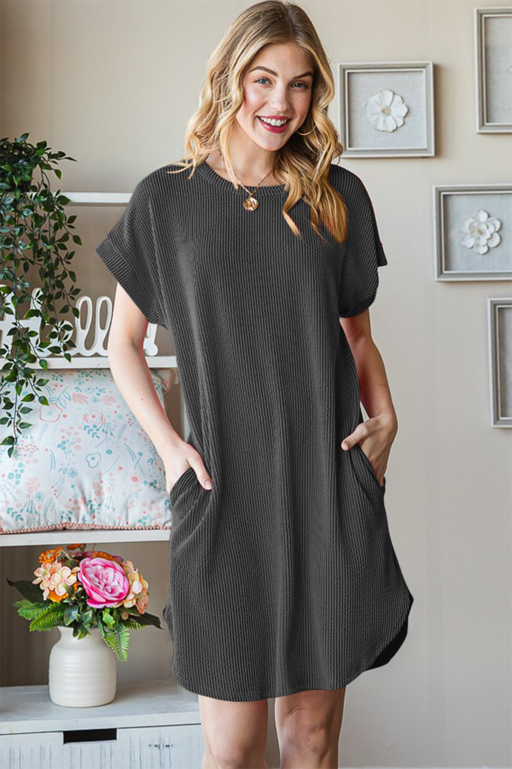 Ribbed Short Sleeve Tee Dress - Charcoal