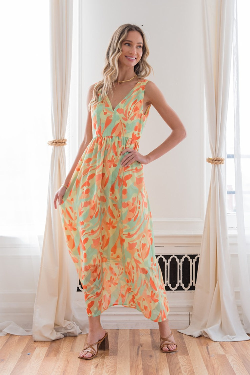 Printed Sleeveless Dress - Lime / Orange