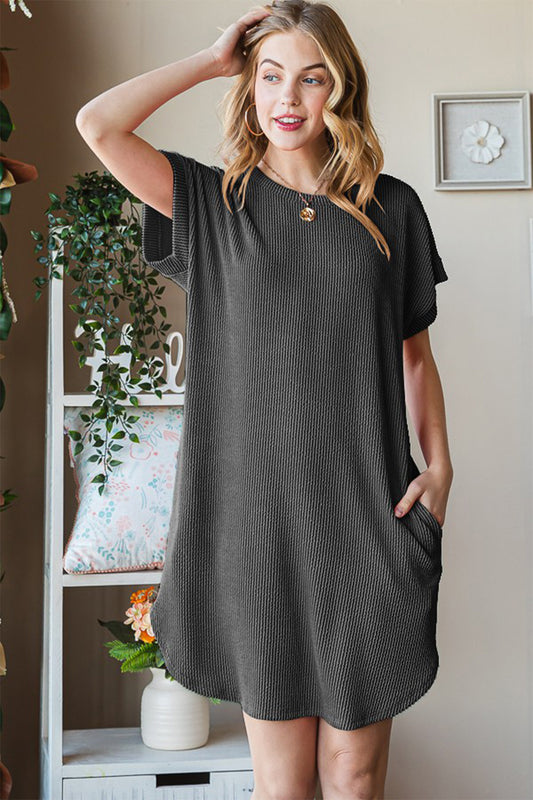 Ribbed Short Sleeve Tee Dress - Charcoal