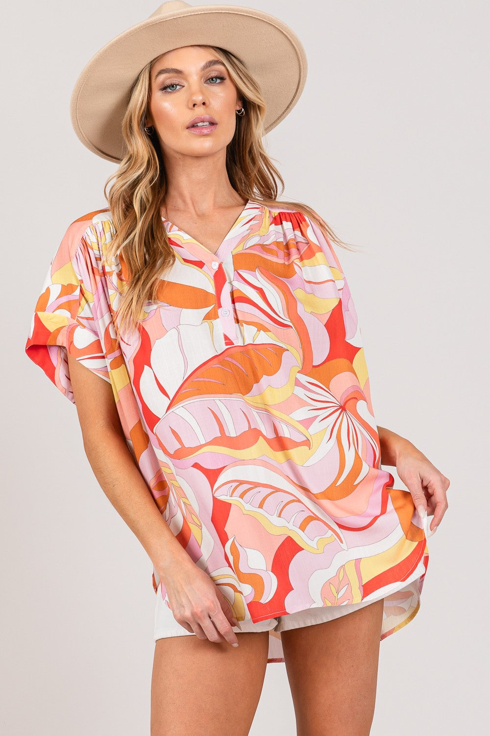 Abstract Print Blouse - Coral