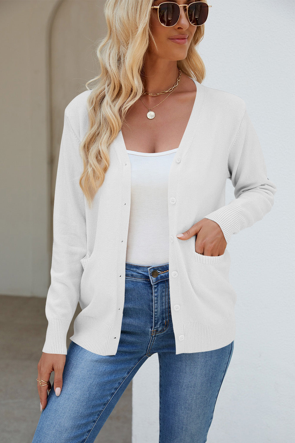 Pocketed V-Neck Button Up Long Sleeve Cardigan