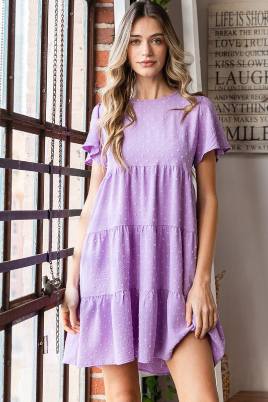 Swiss Dot Short Sleeve Tiered Dress - Lilac