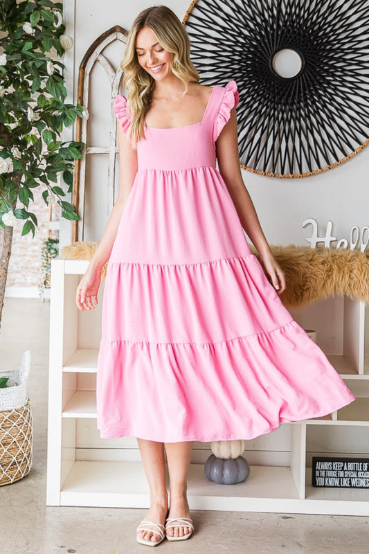 Ruffled Sleeveless Tiered Midi Dress - Bubble Pink