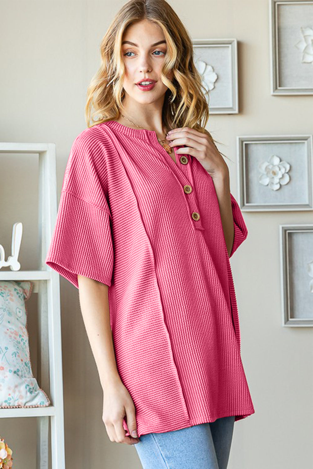 Ribbed Half Button Top - Hot Pink