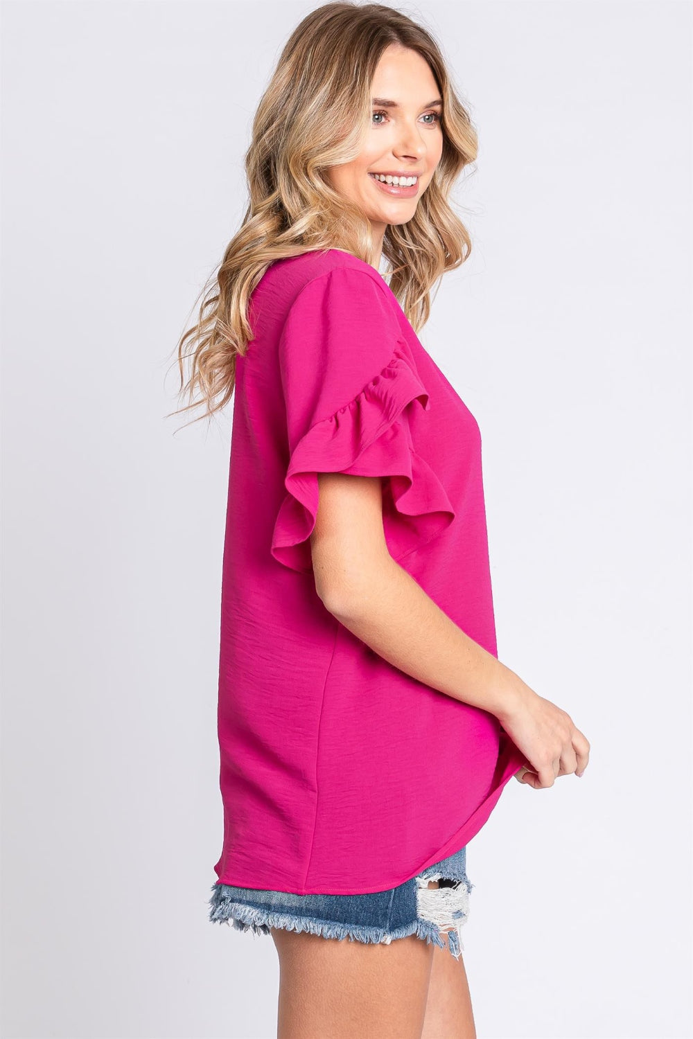 Ruffle Trim Short Sleeve Blouse - Magenta