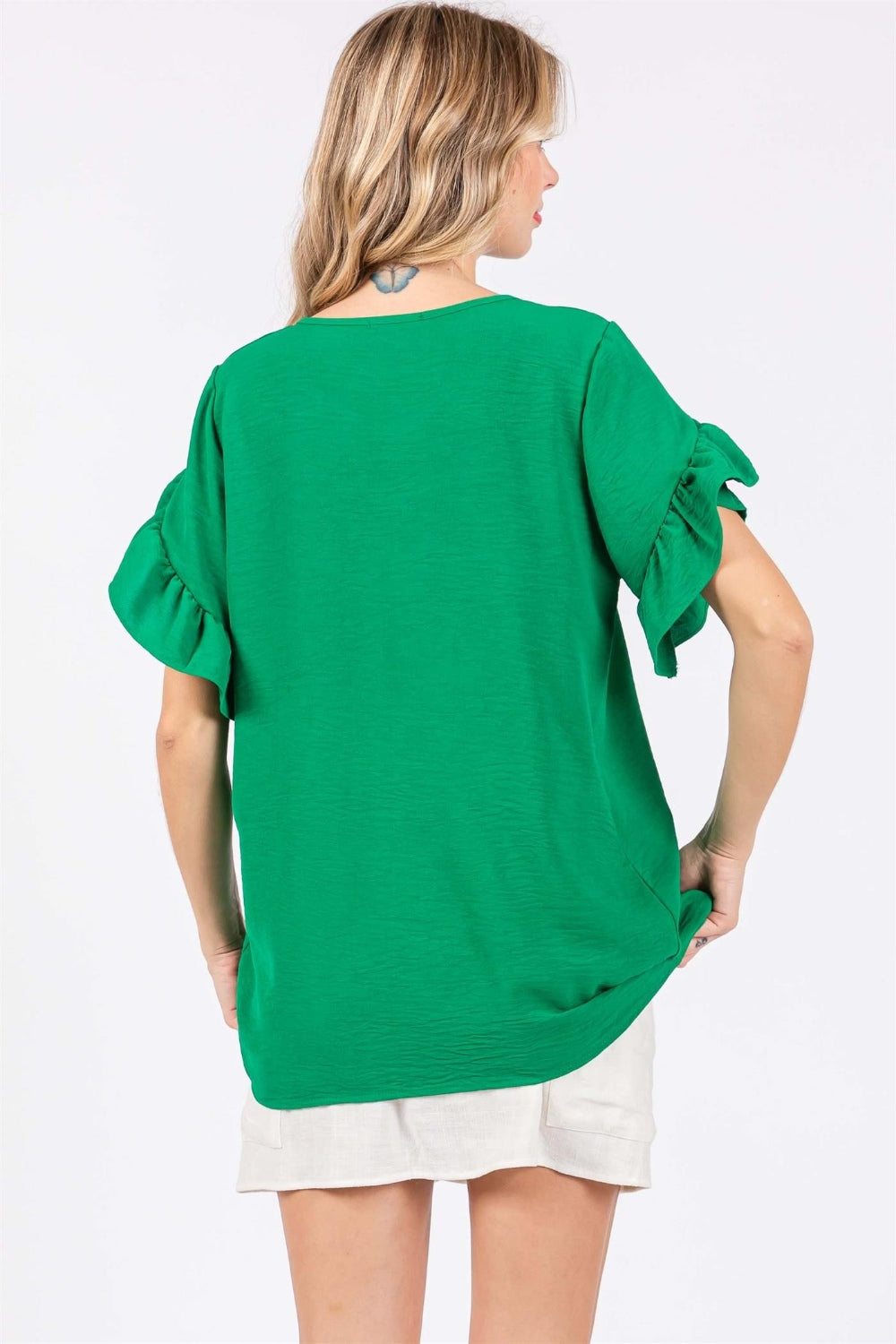 Ruffled Short Sleeve Blouse - Green