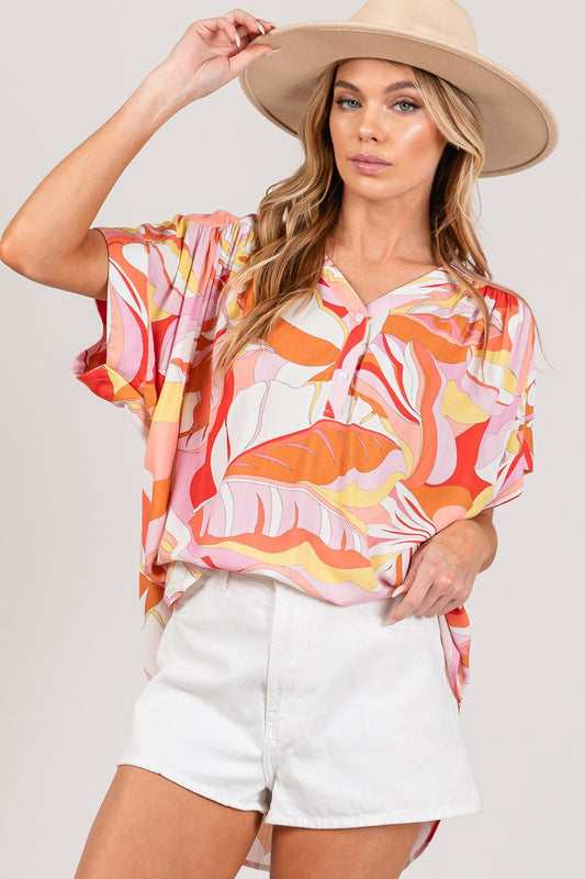 Abstract Print Blouse - Coral