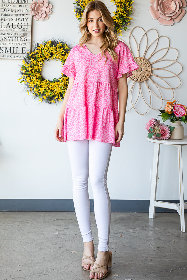 Ruffle Trim Short Sleeve Top - Pink Leopard