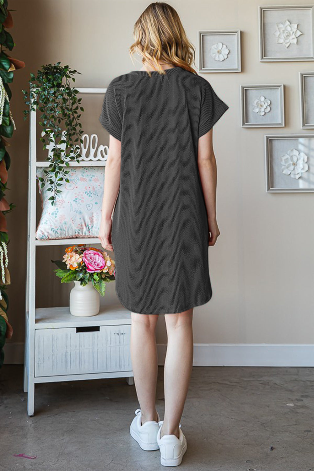 Ribbed Short Sleeve Tee Dress - Charcoal