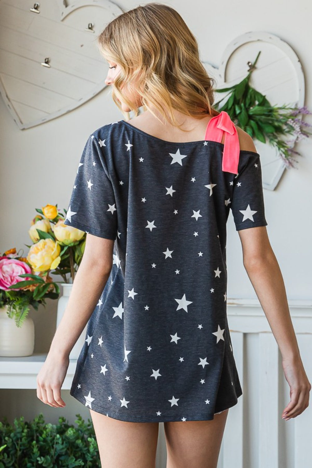 Star Print Asymmetrical Neck Short Sleeve Top