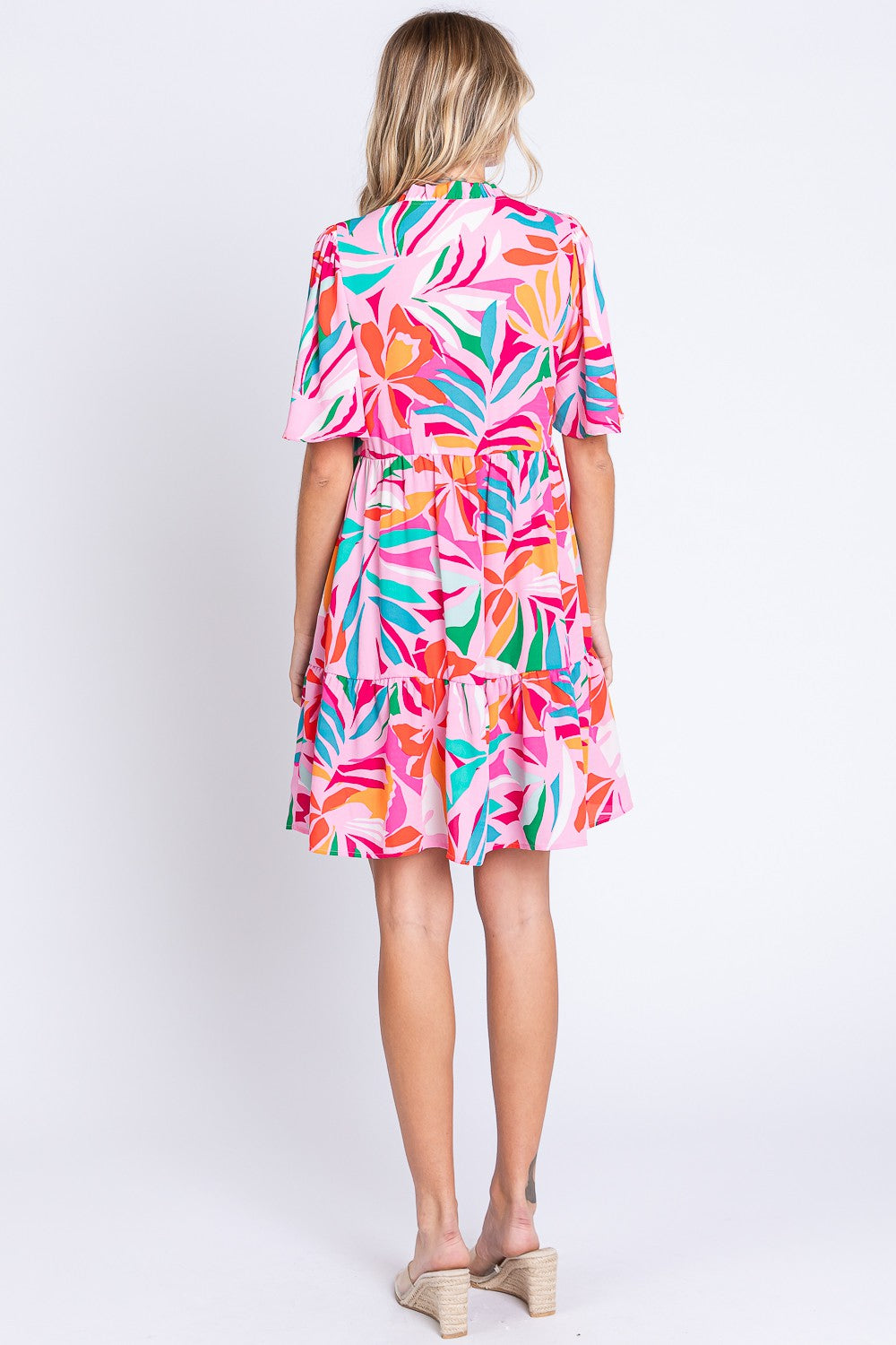 Short Sleeve Ruffle Hem Dress - Tropical