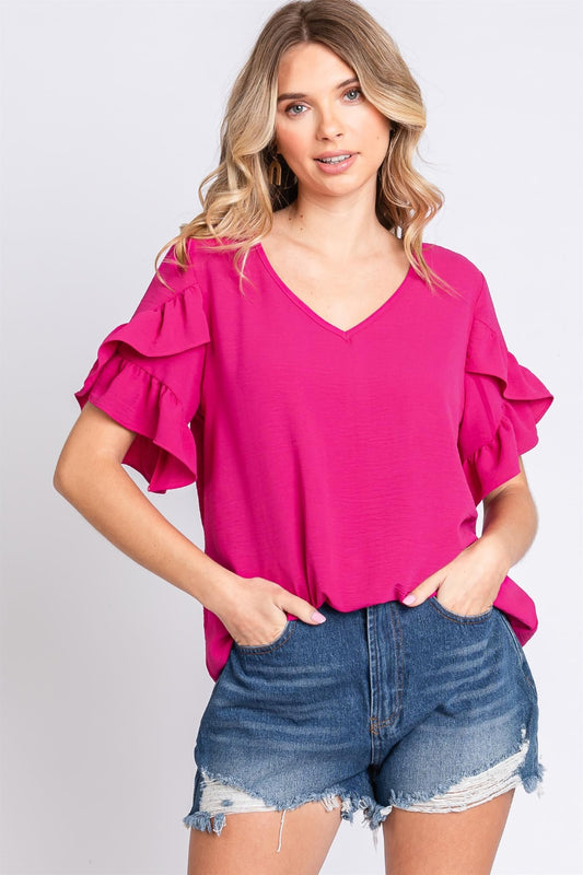 Ruffle Trim Short Sleeve Blouse - Magenta