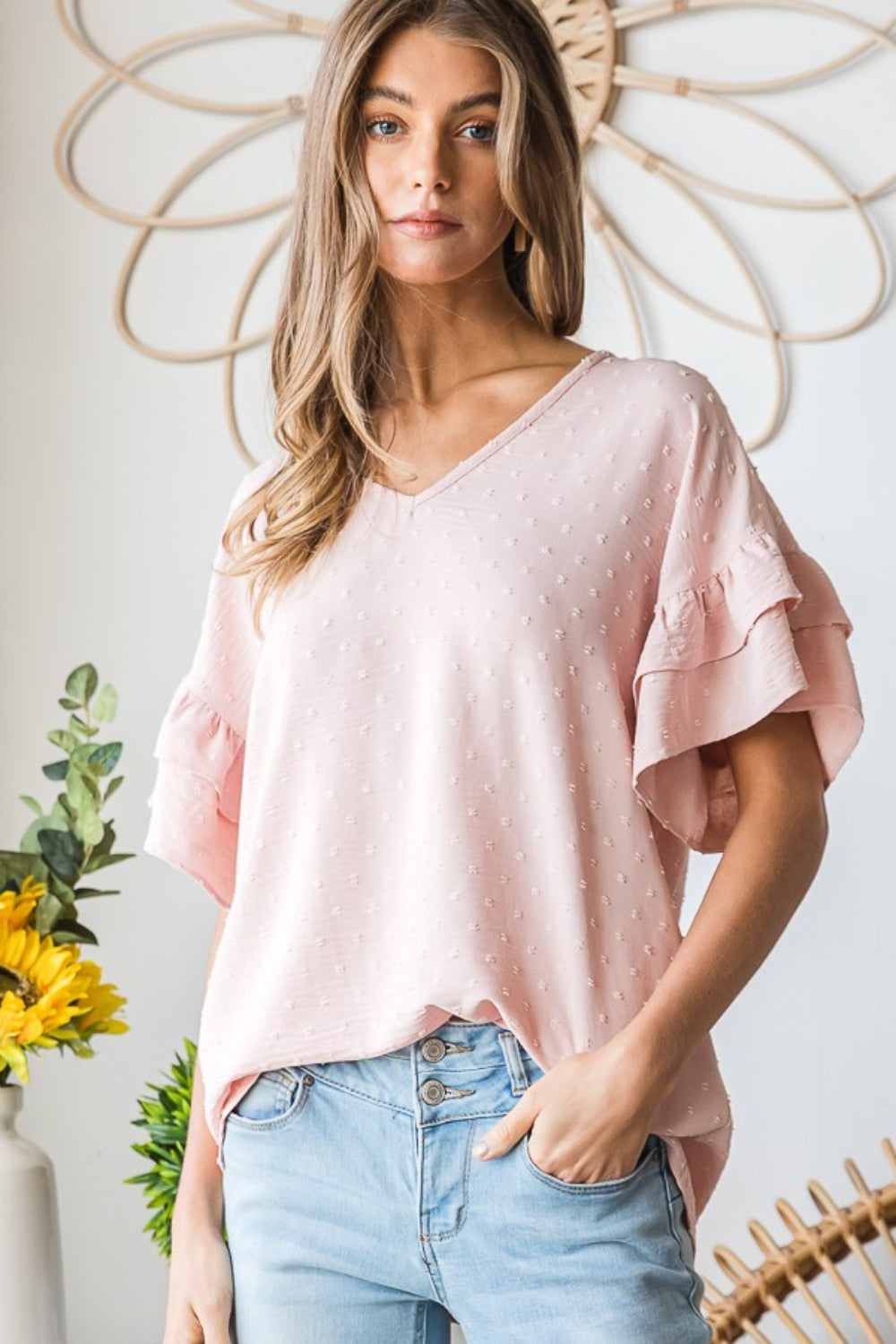 Swiss Dot Ruffle Short Sleeve Top - Peach