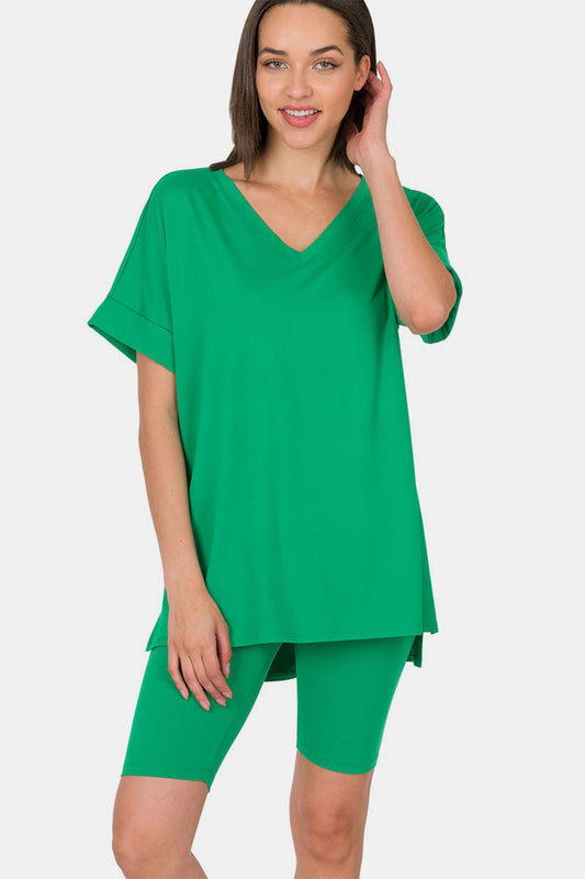 Short Sleeve T-Shirt and Biker Shorts Set - Green