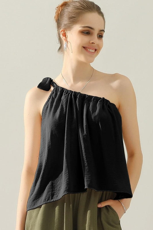 One Shoulder Bow Tie Strap Satin Silk Top - 3 Color Options