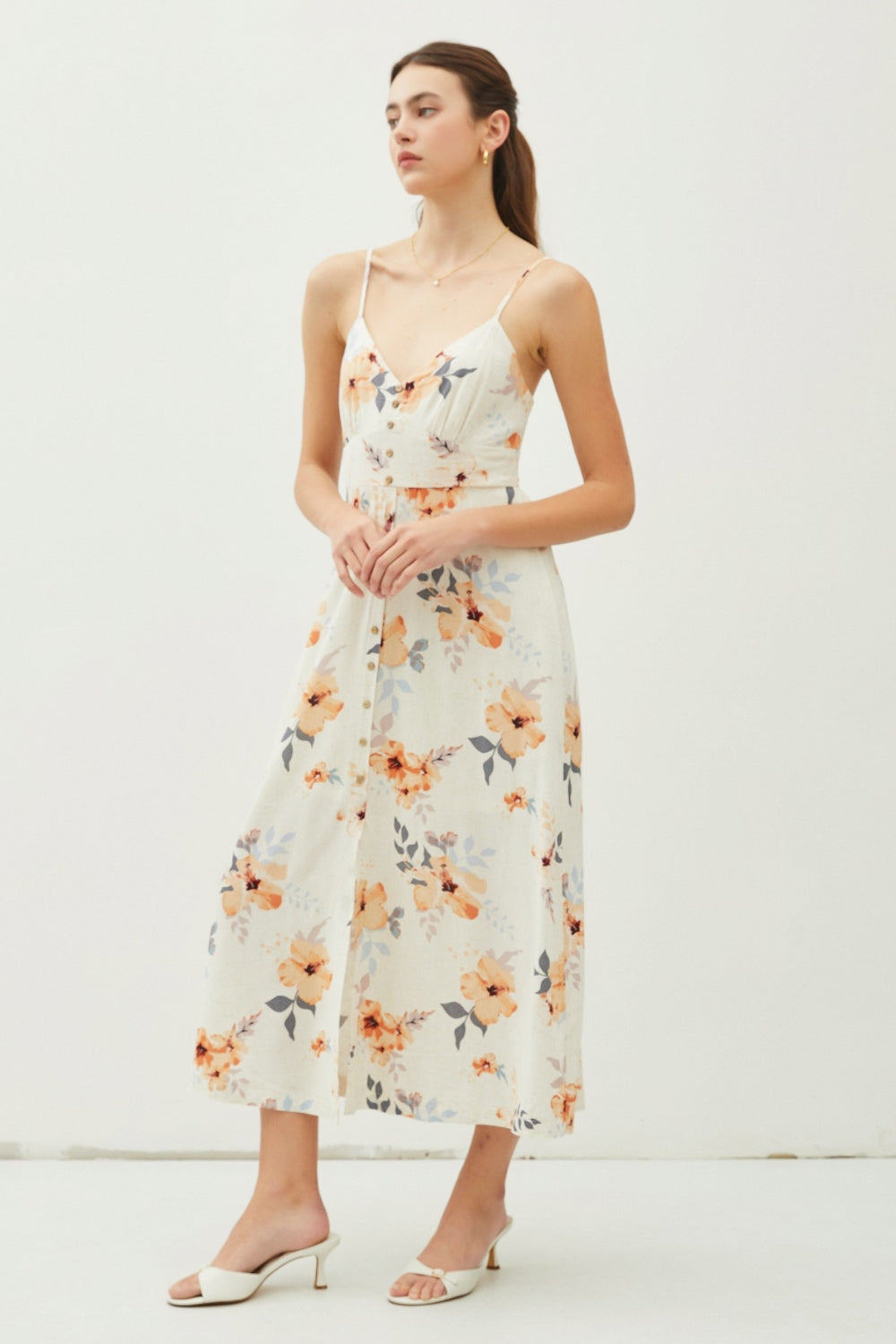 Floral Button Down Midi Dress - Peach Hibiscus