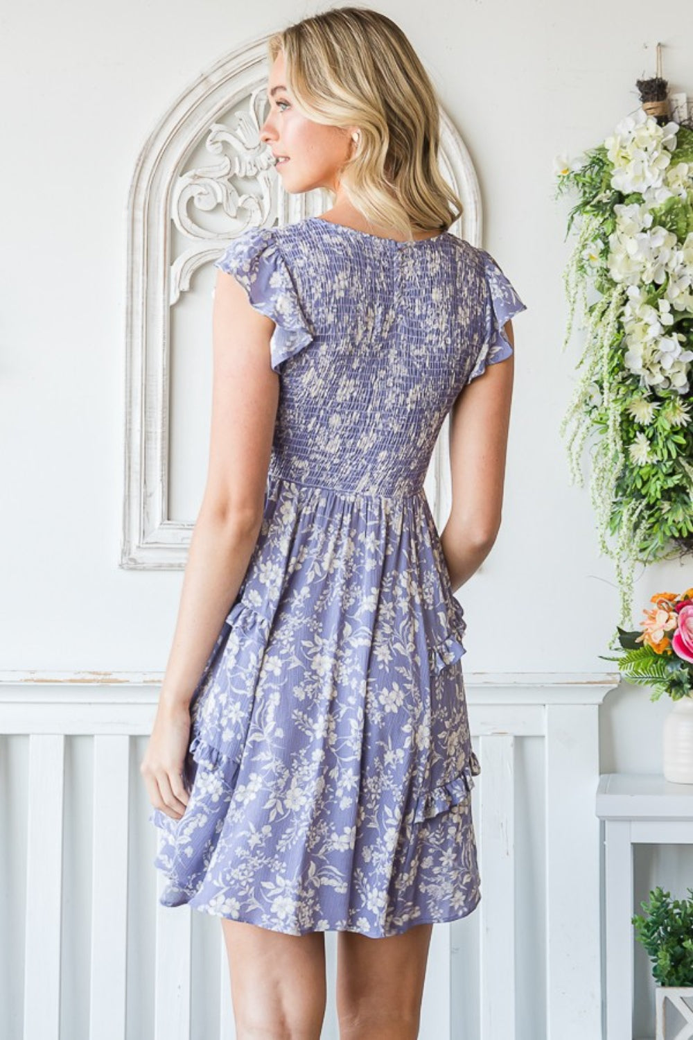 Floral Ruffle Trim Smocked Mini Dress - Lavender