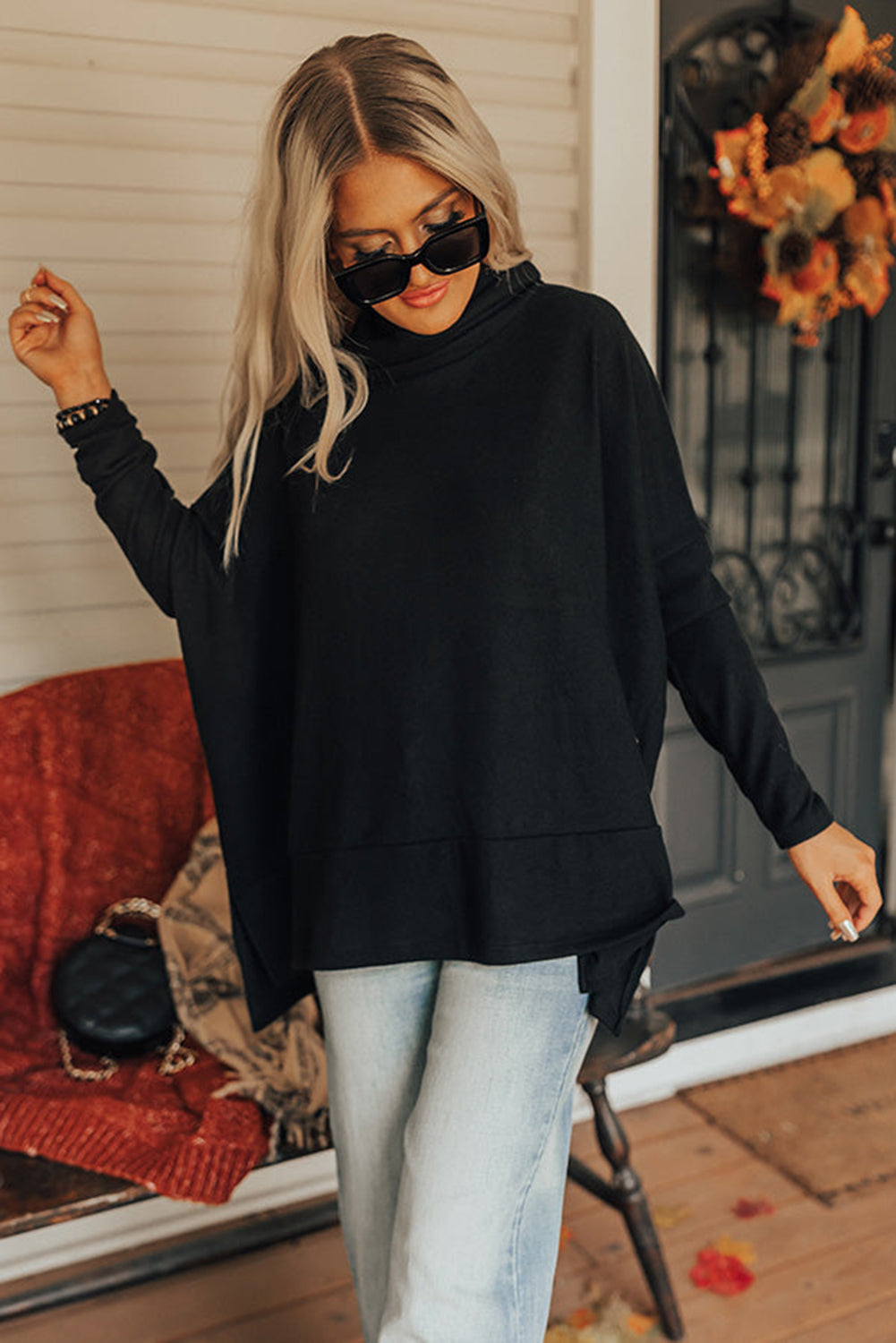 Side Slit High-Low Cowl Neck Long Sleeve Blouse