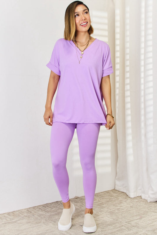 Rolled Short Sleeve T-Shirt and Leggings Set - Lavender