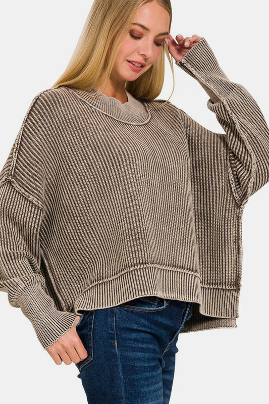 Zenana Exposed Seam Round Neck Dropped Shoulder Sweater