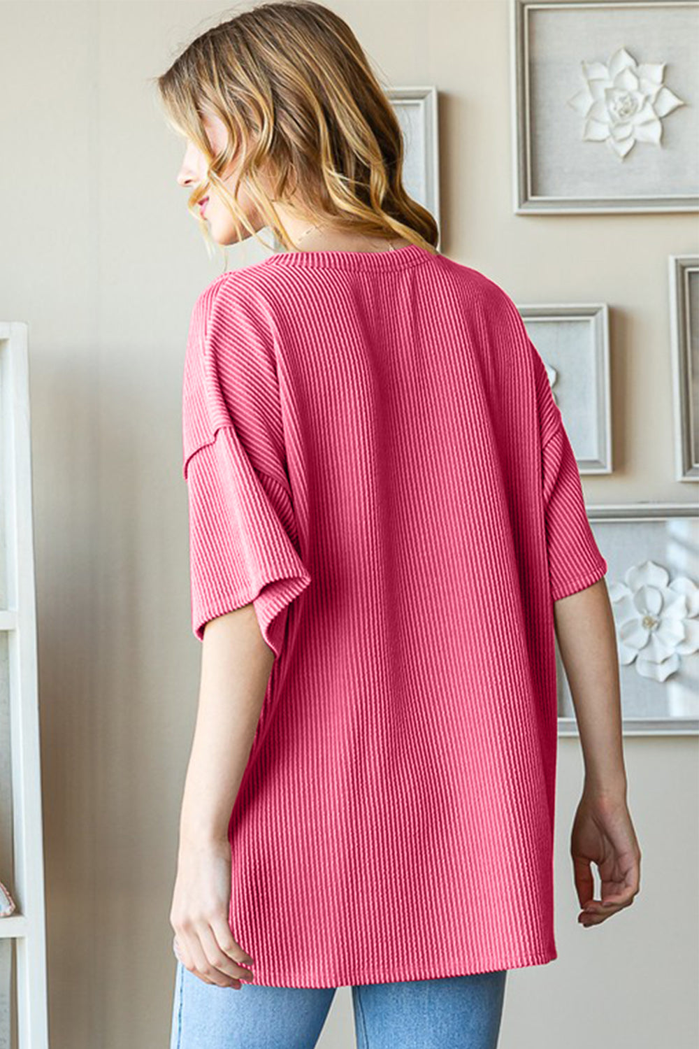 Ribbed Half Button Top - Hot Pink