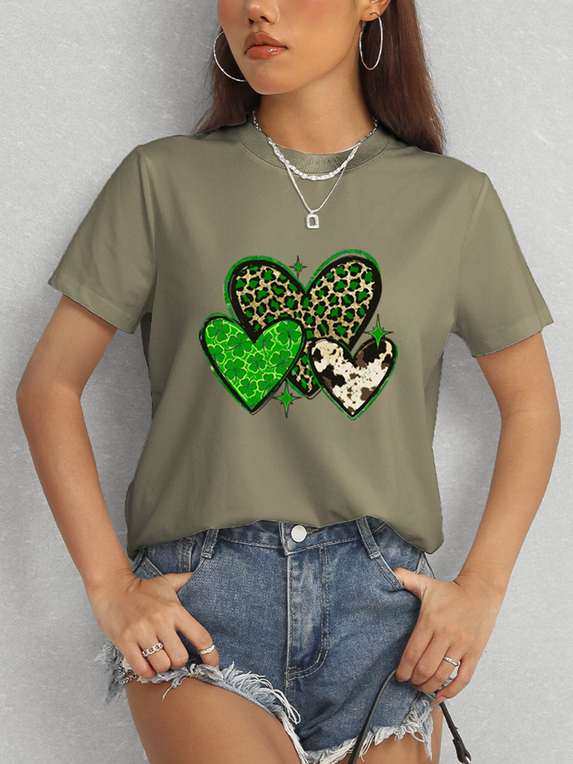 Heart Round Neck Short Sleeve T-Shirt