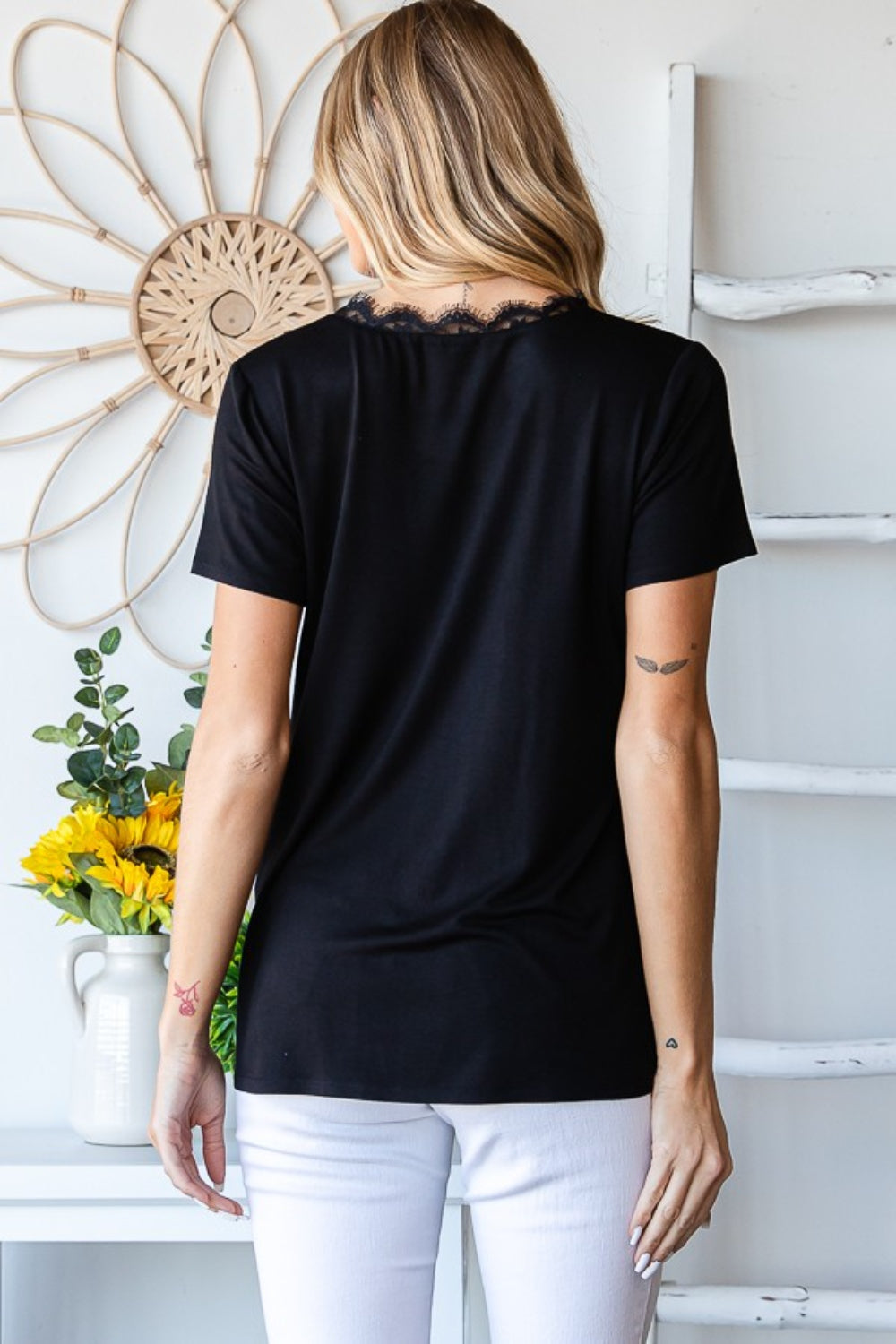 Lace Detail Short Sleeve T-Shirt - Black