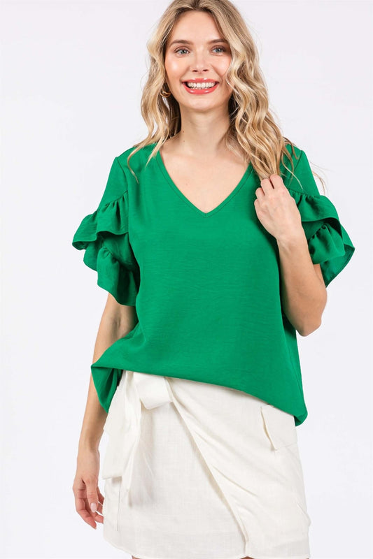 Ruffled Short Sleeve Blouse - Green