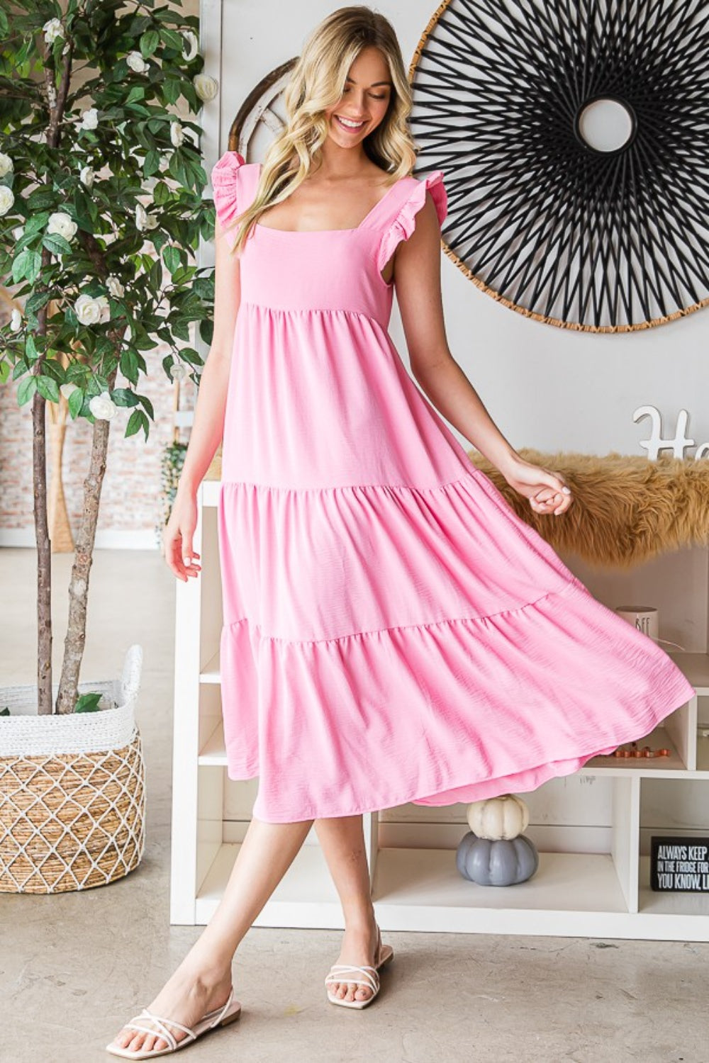 Ruffled Sleeveless Tiered Midi Dress - Bubble Pink