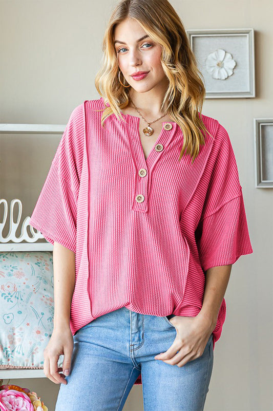 Ribbed Half Button Top - Hot Pink