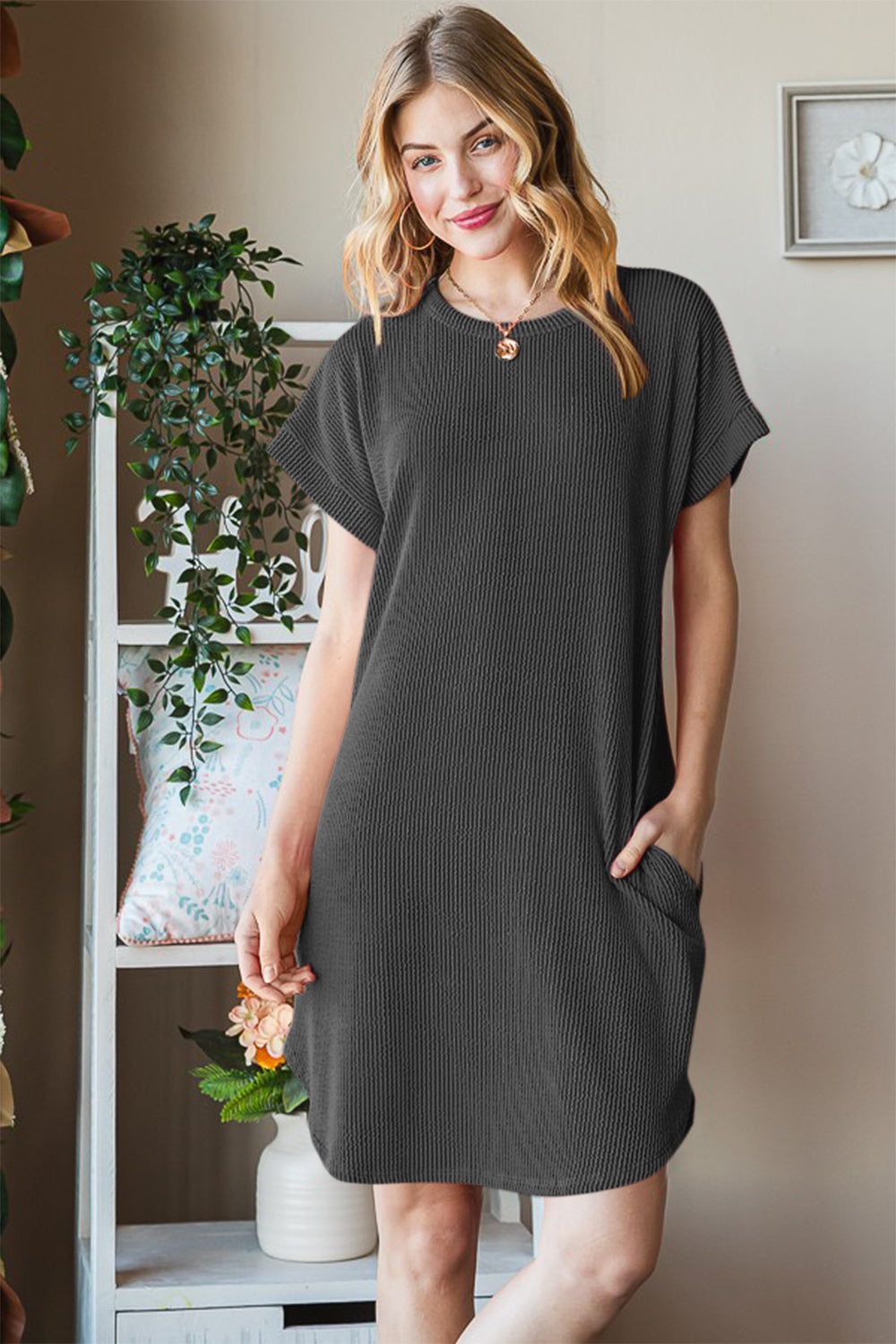 Ribbed Short Sleeve Tee Dress - Charcoal