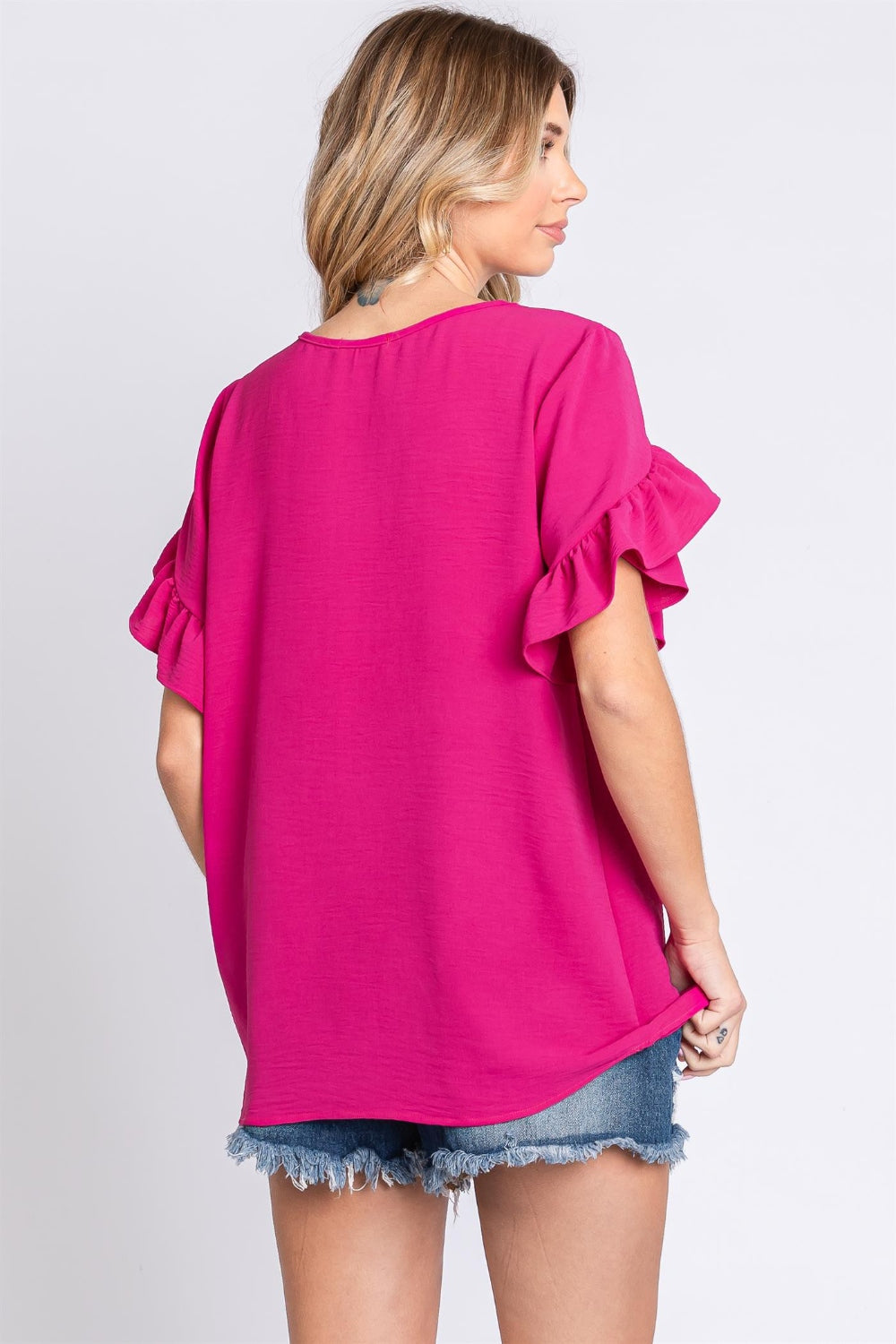 Ruffle Trim Short Sleeve Blouse - Magenta