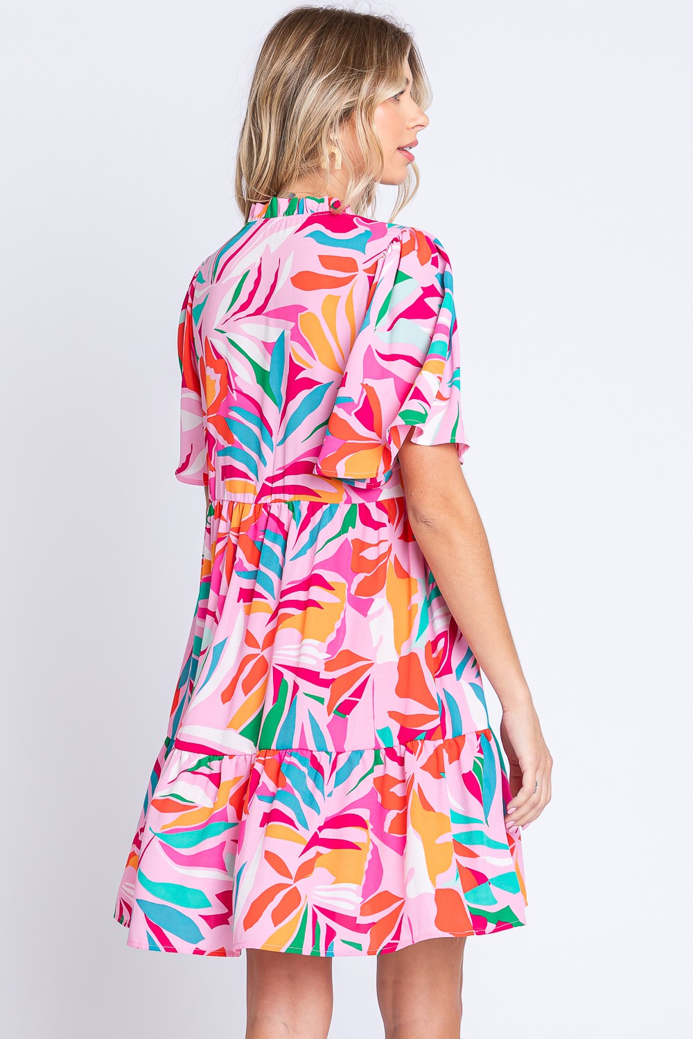 Short Sleeve Ruffle Hem Dress - Tropical