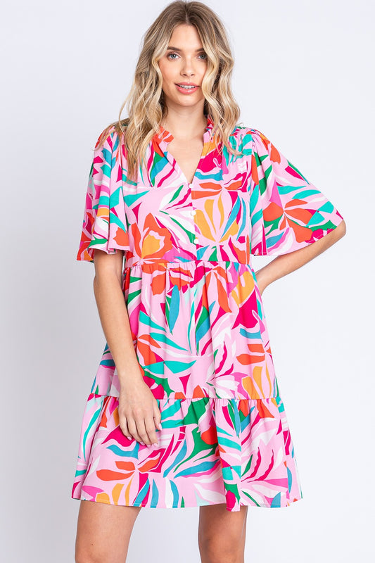 Short Sleeve Ruffle Hem Dress - Tropical