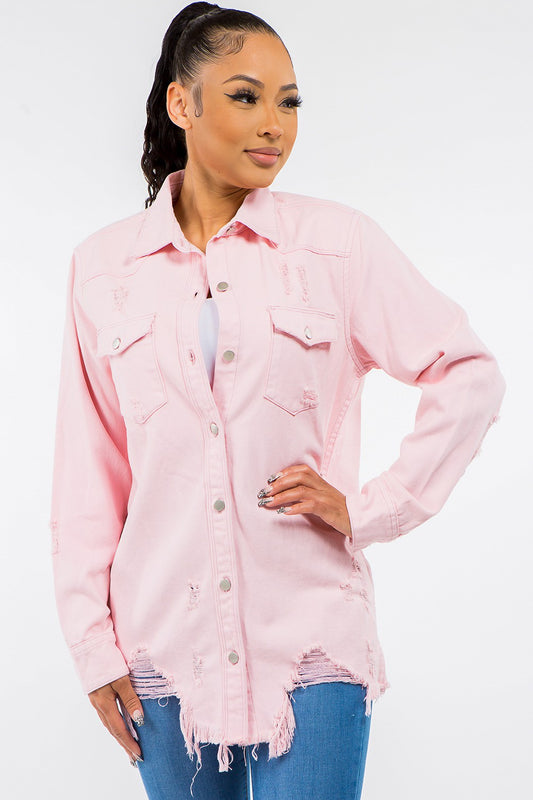 Distressed Denim Jacket - Pink