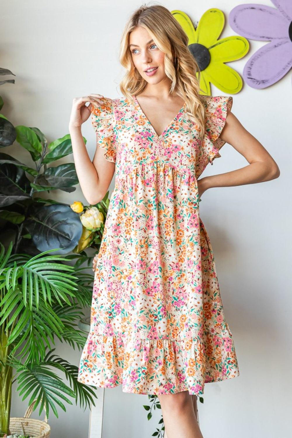 Floral Ruffled Dress - Sand
