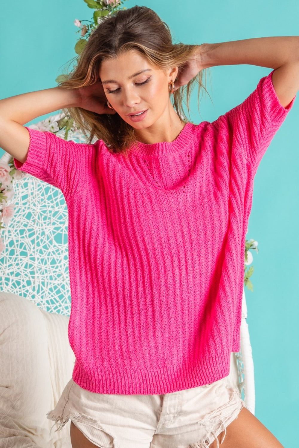 Short Sleeve Knit Top - Fuschia