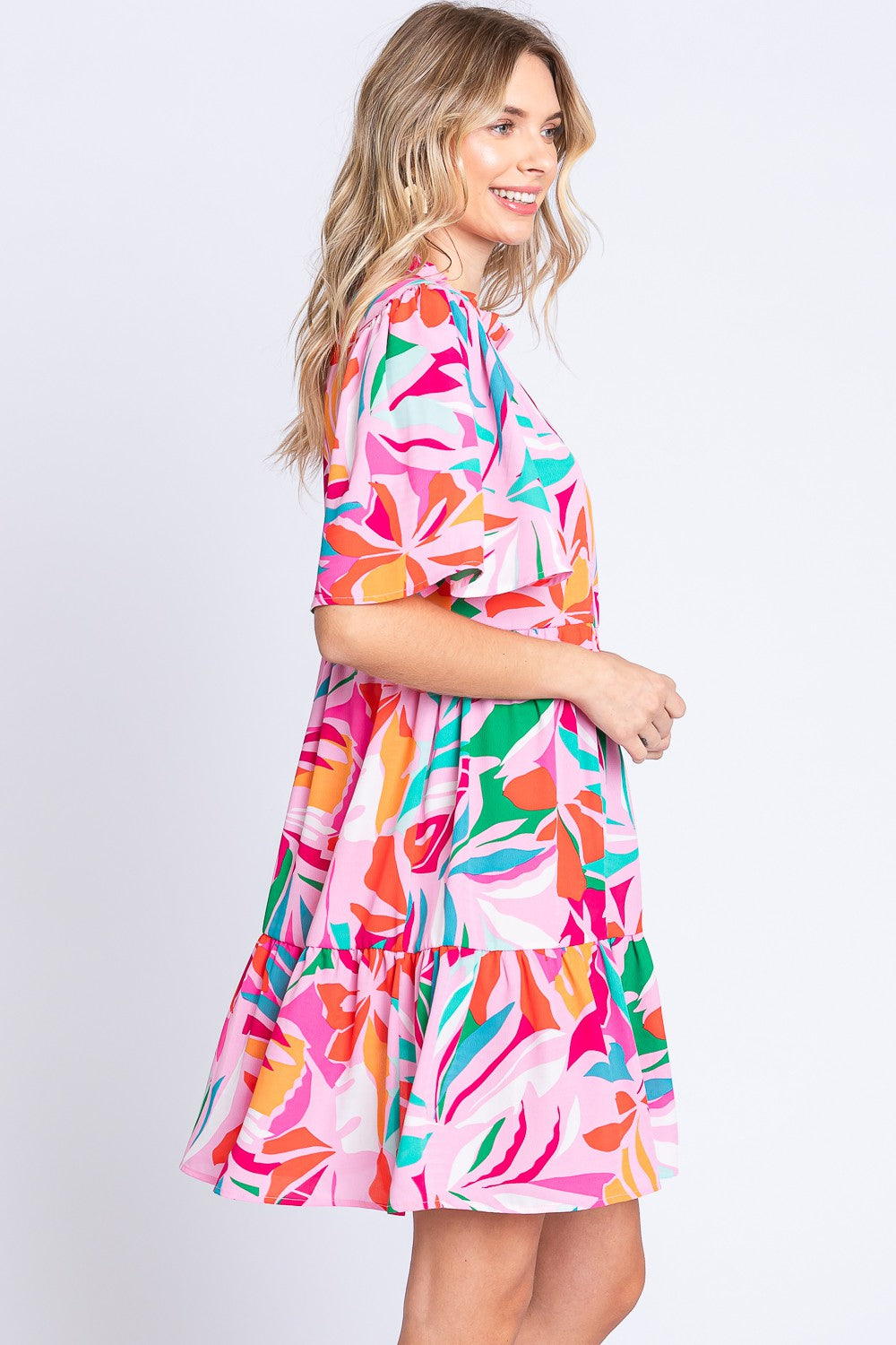 Short Sleeve Ruffle Hem Dress - Tropical