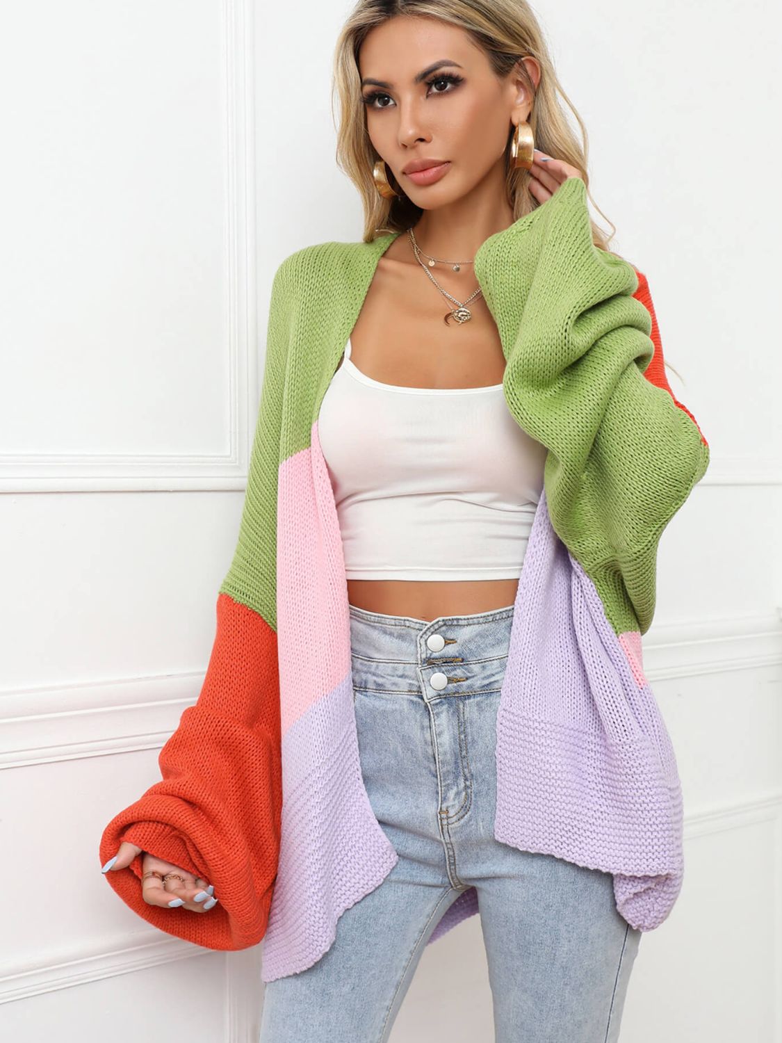 Angel Wings Color Block Open Front Balloon Sleeve Longline Cardigan