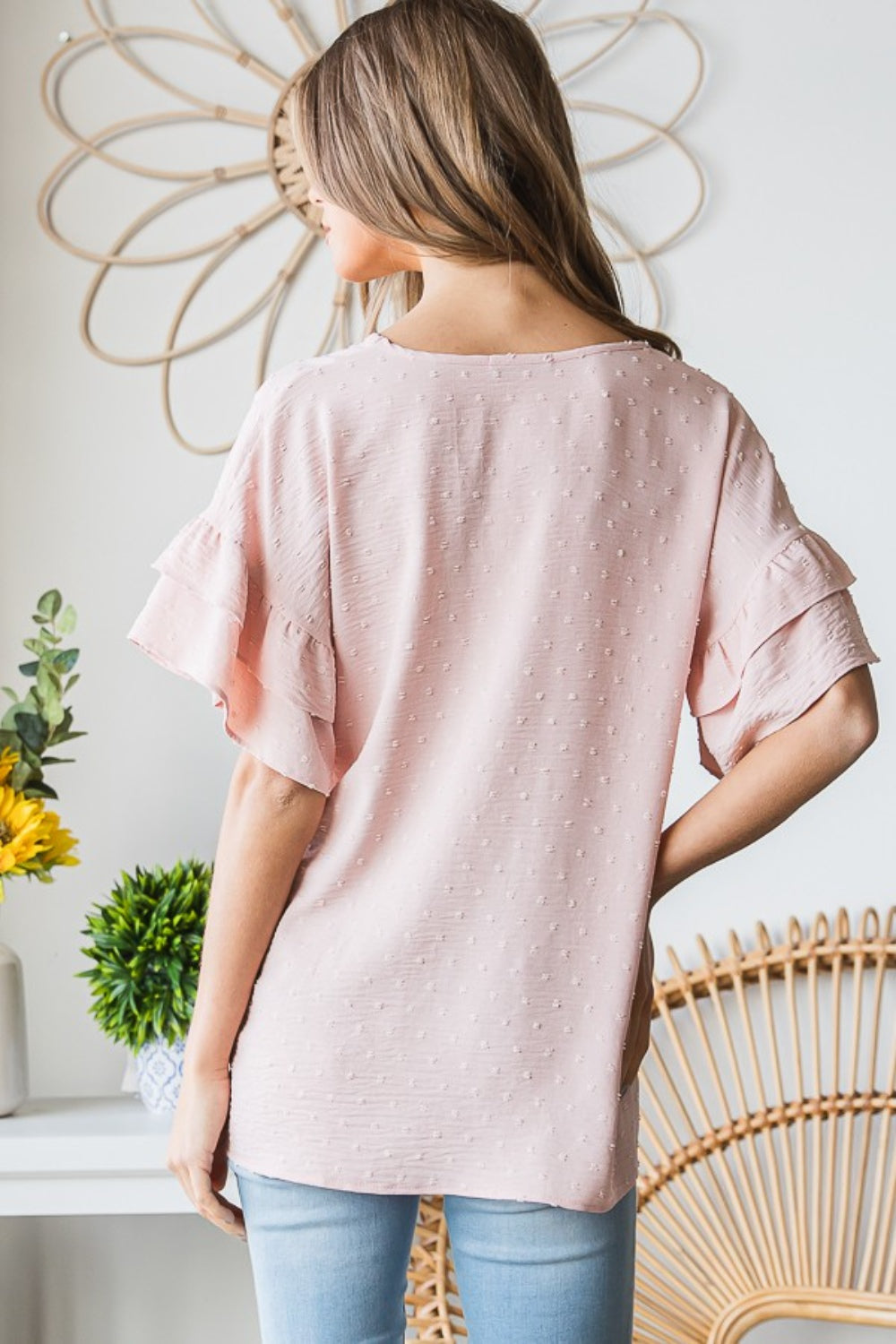 Swiss Dot Ruffle Short Sleeve Top - Peach