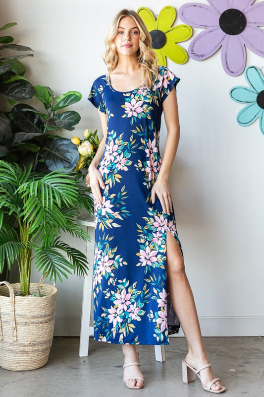 Floral Short Sleeve Slit Dress - Navy