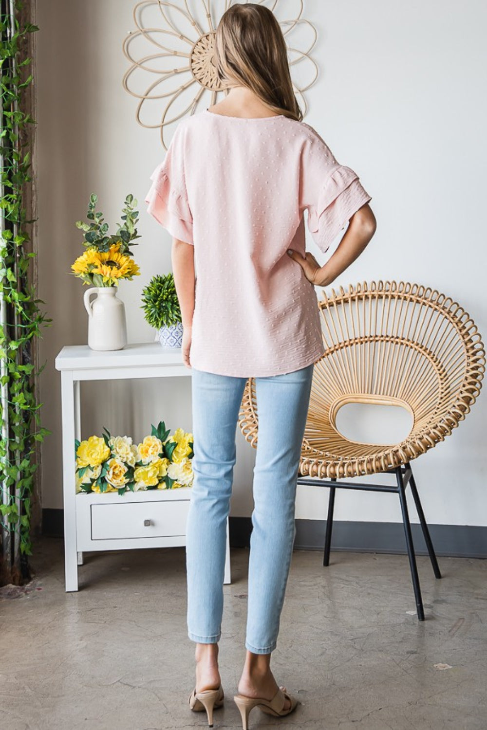 Swiss Dot Ruffle Short Sleeve Top - Peach