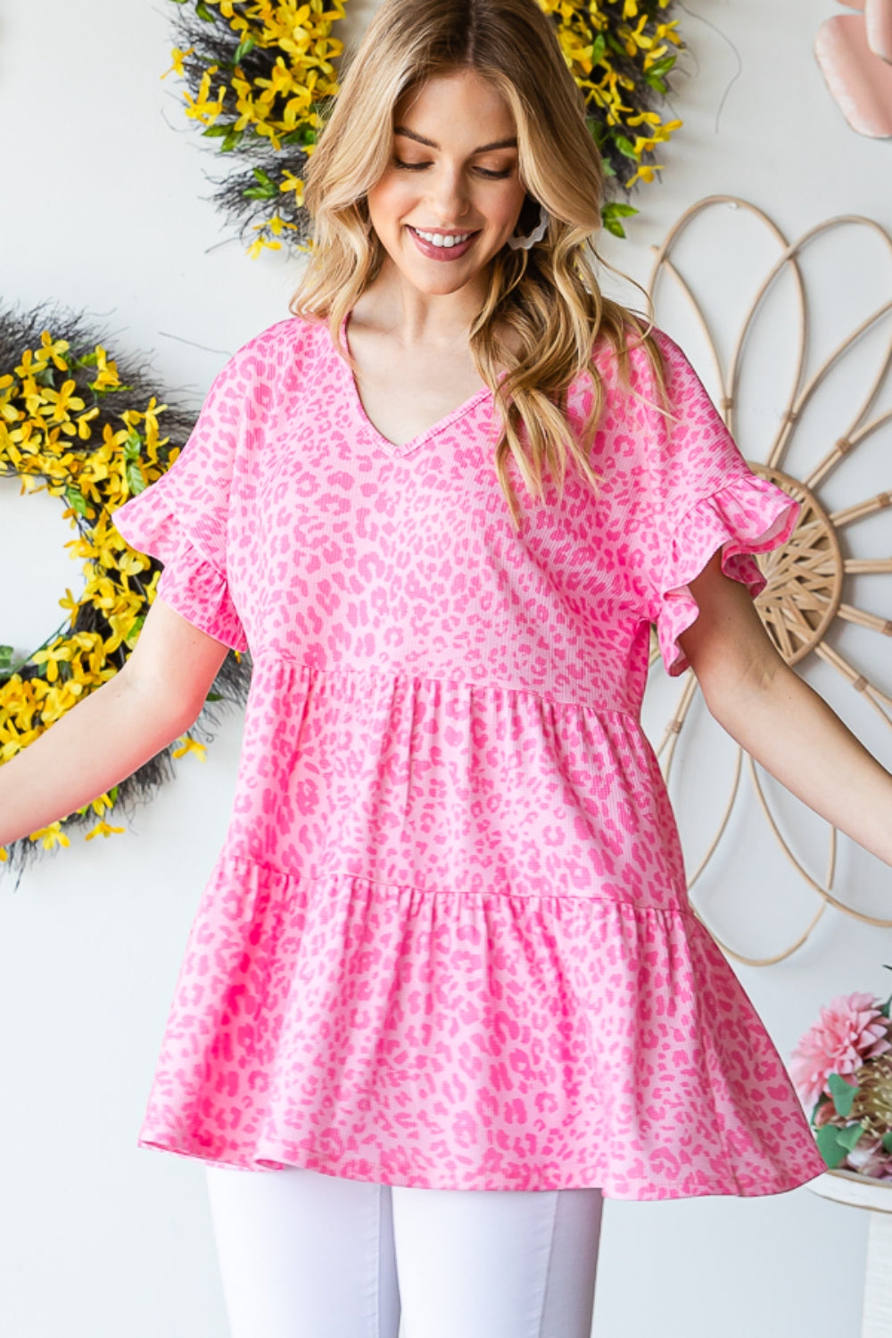 Ruffle Trim Short Sleeve Top - Pink Leopard