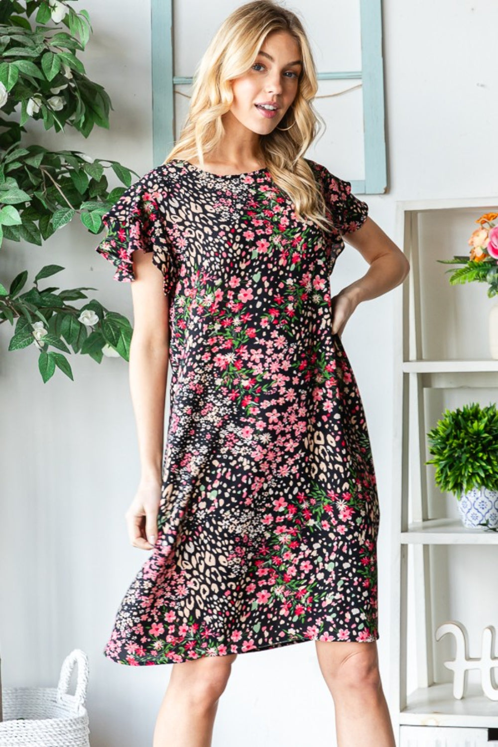 Floral Ruffled Short Sleeve Dress with Pockets - Black