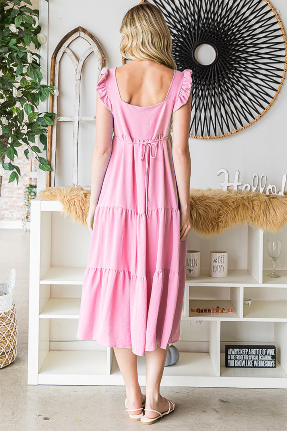 Ruffled Sleeveless Tiered Midi Dress - Bubble Pink