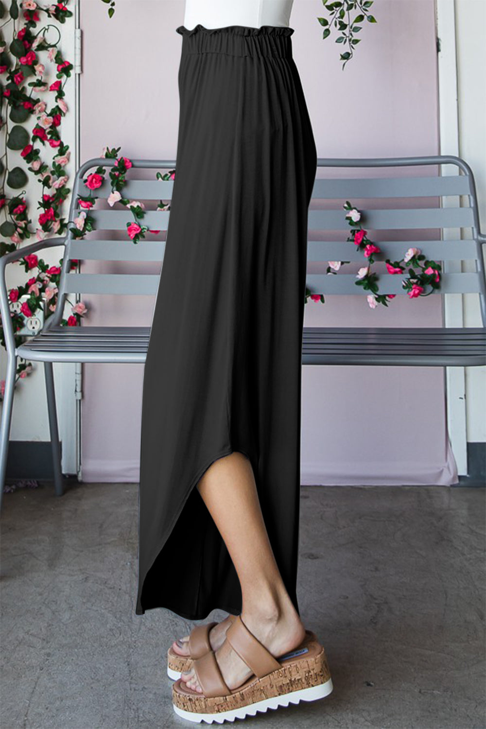 Frill Slit High Waist Wide Leg Pants - Black