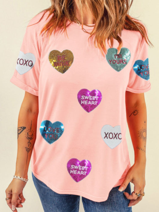 Valentine’s Day Sequin Heart Round Neck Short Sleeve T-Shirt